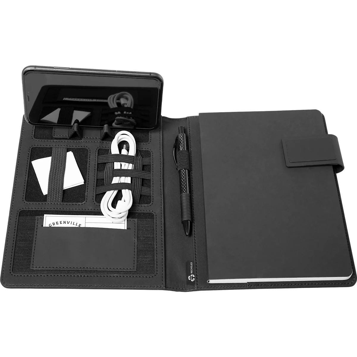 Zwart organizer notitieboek, open met smartphone, kabel, pen en notitieblok.