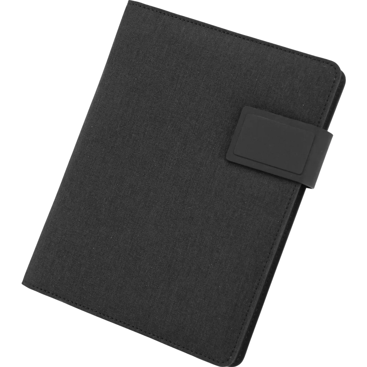 Donkergrijs notitieboek met zwarte sluiting.