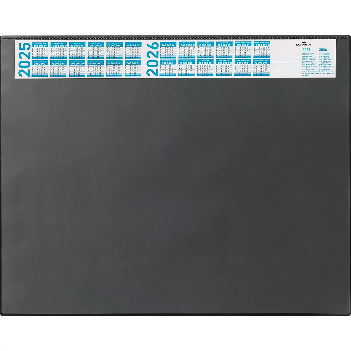 Zwarte bureaukalender met kalenderoverzicht 2025 en 2026.