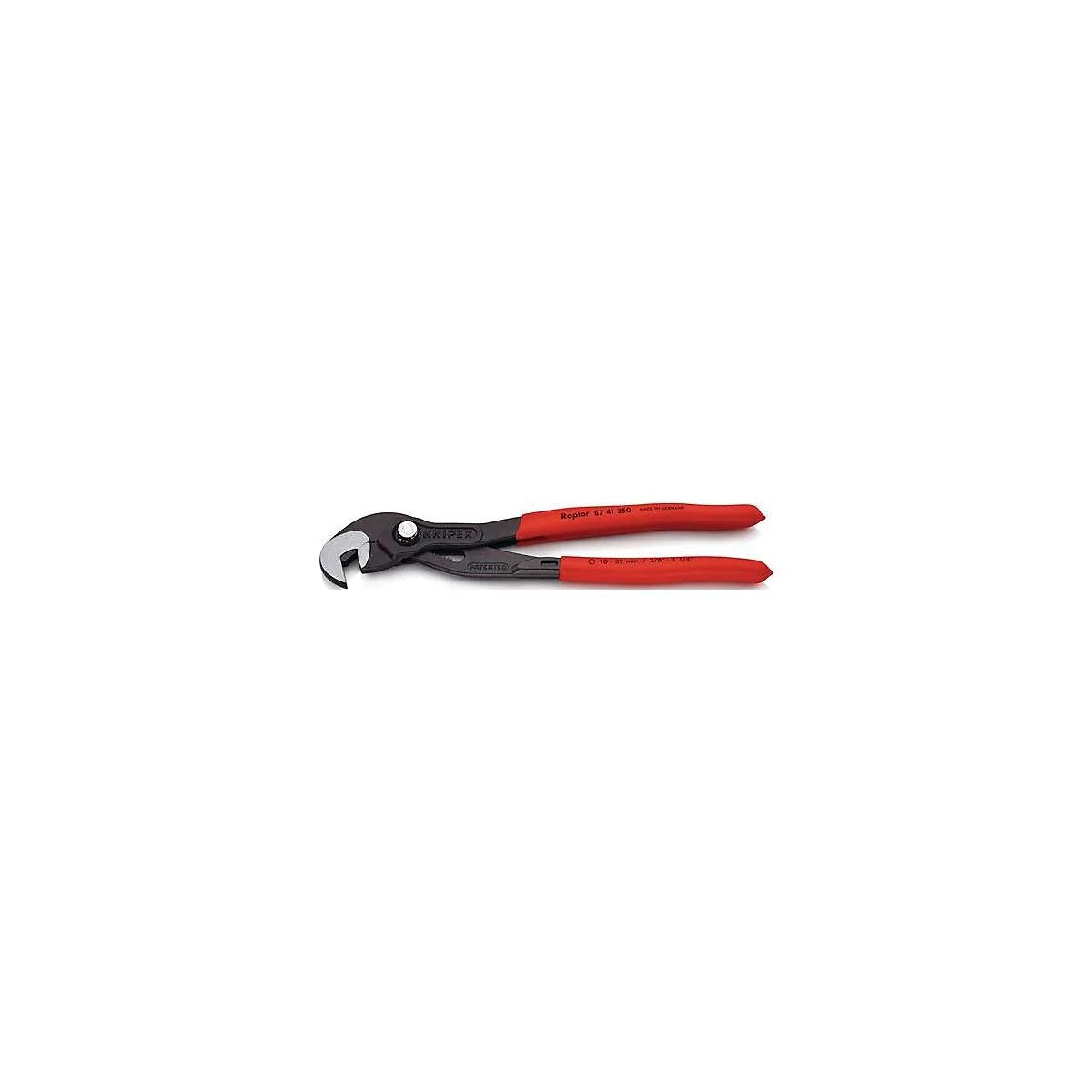 Knipex waterpomptang, rood-zwart met rode handgreep. Opschrift: Raptor 87 41 250. Maximale opening: 32 mm.