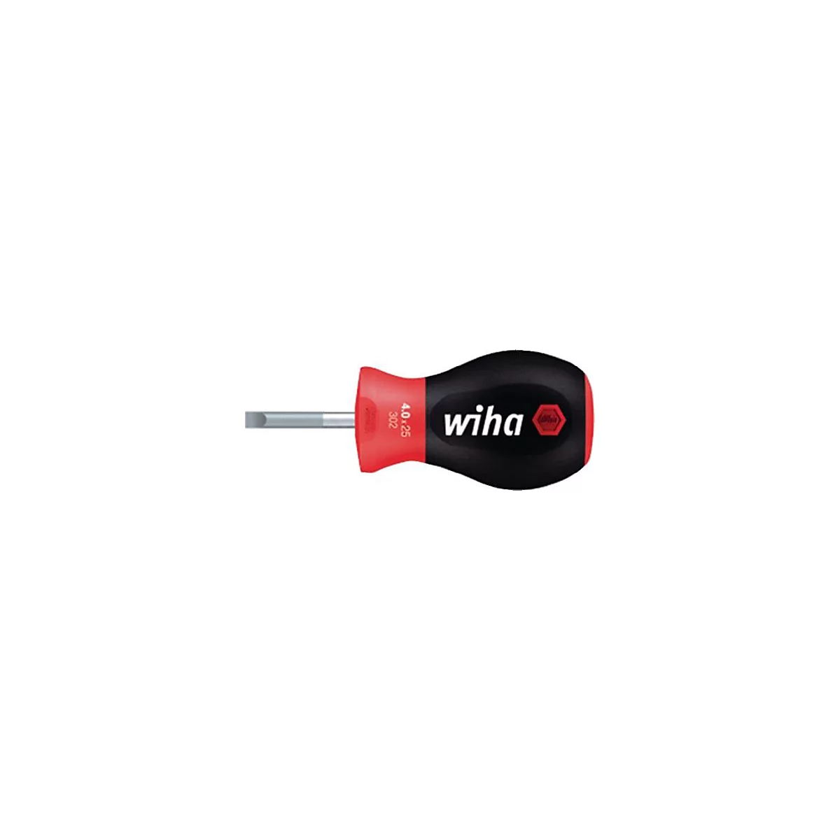 Korte schroevendraaier met rode en zwarte handgreep. Opschrift: Wiha. Afmetingen: 4.0x25.