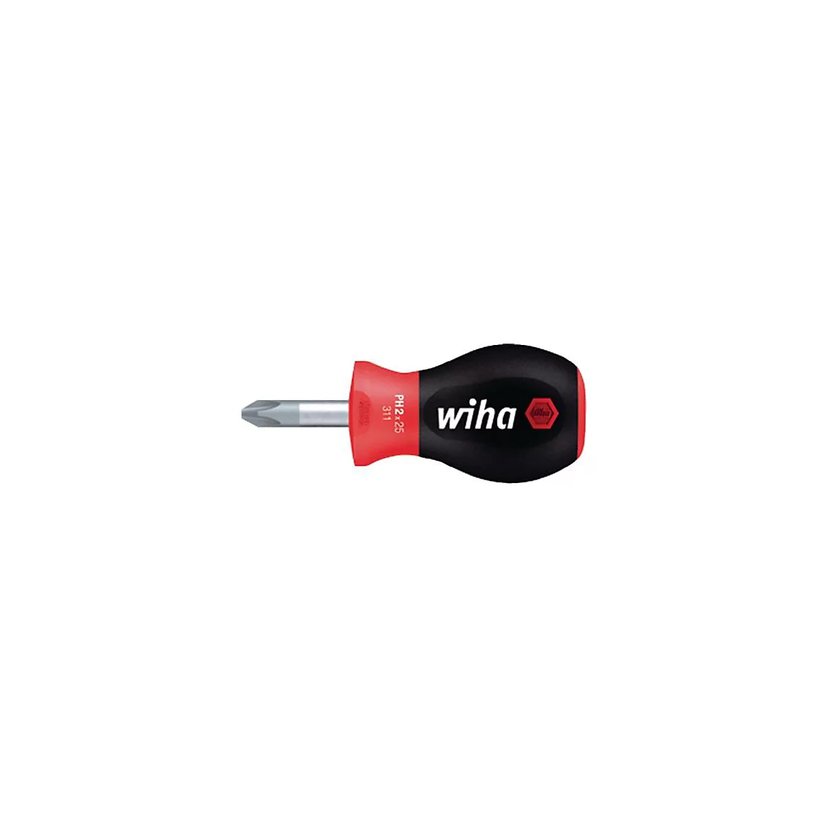 Een zwarte schroevendraaier met een rode handgreep en zilveren punt, met "wiha" en productinformatie.