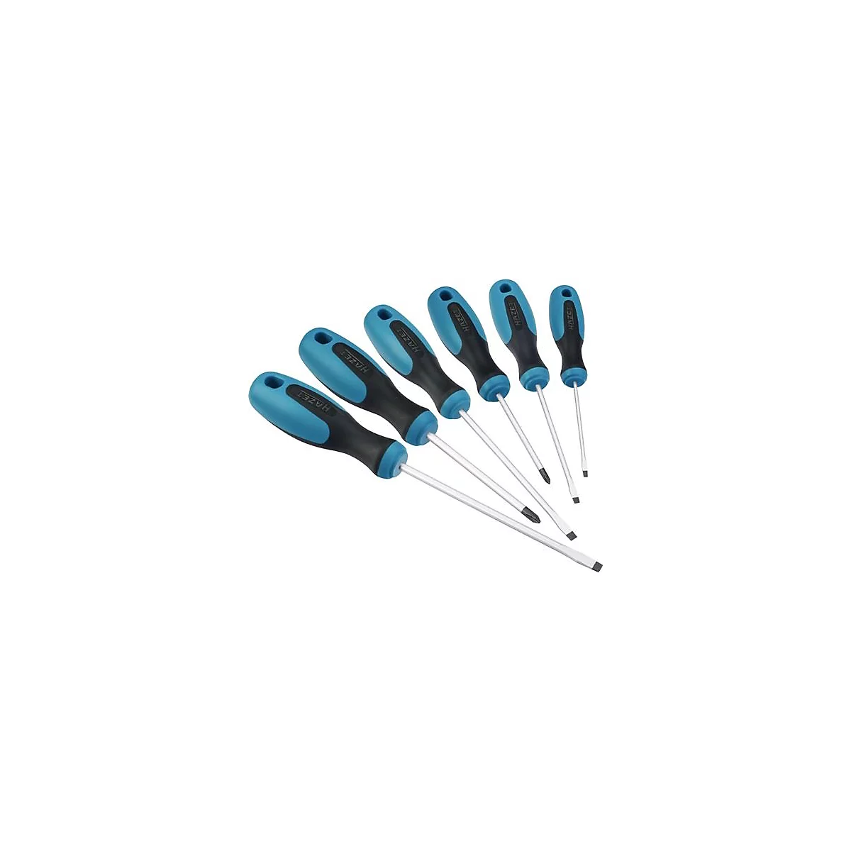 Zes schroevendraaiers naast elkaar. Blauwe handvatten met zwarte inzetstukken. De bladen zijn zilver.