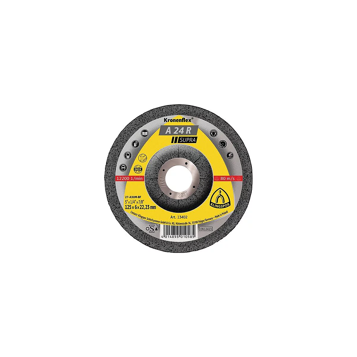 Schruppscheibe A 24 R Supra D125xS4mm gekr.STA Bohr.22,23mm KLINGSPOR