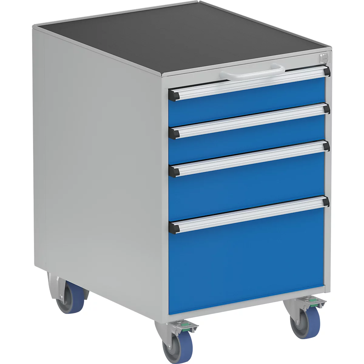 Schubladenblock Treston 53/66-10, 4 abschliessbare Schübe, mobil, bis 300 kg, B 530 x T 640 x H 795 mm, Stahl, lichtgrau RAL 7035/brillantblau RAL 5007