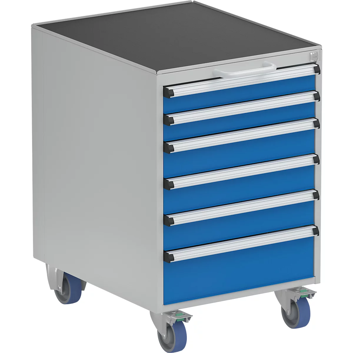 Schubladenblock Treston 53/66-2, 6 abschliessbare Schübe, mobil, bis 300 kg, B 530 x T 640 x H 795 mm, Stahl, lichtgrau RAL 7035/brillantblau RAL 5007