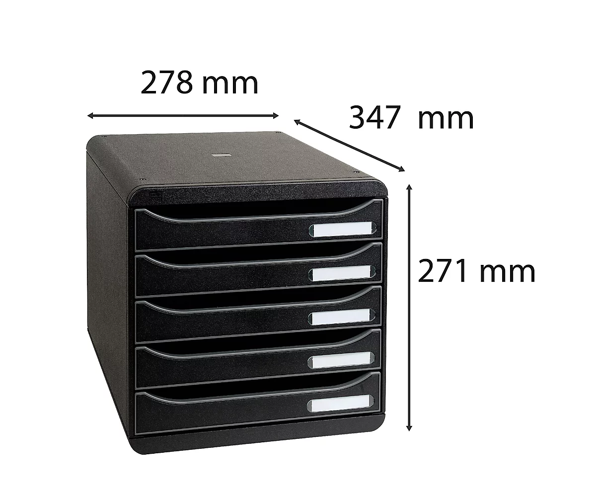 Schubladenbox BIG-BOX PLUS, A4+, 5 halboffene Schübe mit Auszugsstopp, Griffmulde & Etikettenhalter, Etiketten, Blauer Engel, Kunststoff, schwarz
