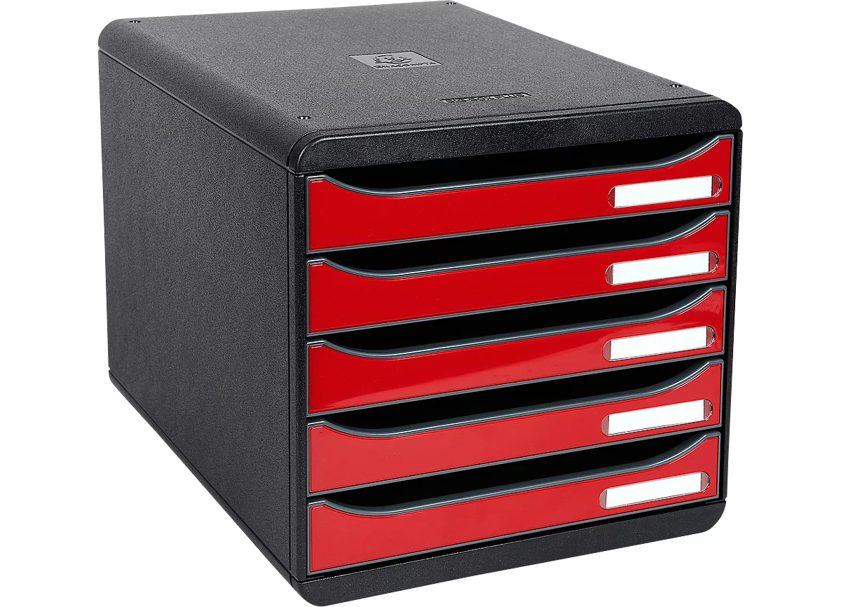 Schubladenbox BIG-BOX PLUS, A4+, 5 halboffene Schübe mit Auszugsstopp, Griffmulde & Etikettenhalter, Etiketten, Blauer Engel, Kunststoff, schwarz-rot