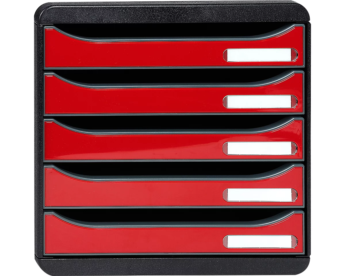 Schubladenbox BIG-BOX PLUS, A4+, 5 halboffene Schübe mit Auszugsstopp, Griffmulde & Etikettenhalter, Etiketten, Blauer Engel, Kunststoff, schwarz-rot