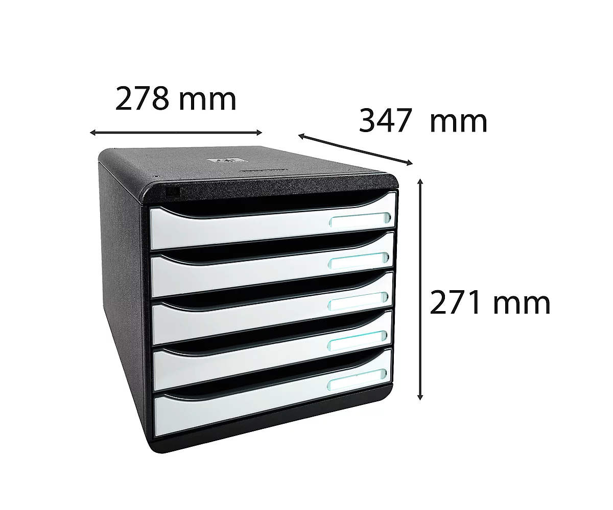 Schubladenbox BIG-BOX PLUS, A4+, 5 halboffene Schübe mit Auszugsstopp, Griffmulde & Etikettenhalter, Etiketten, Blauer Engel, Kunststoff, schwarz-weiß
