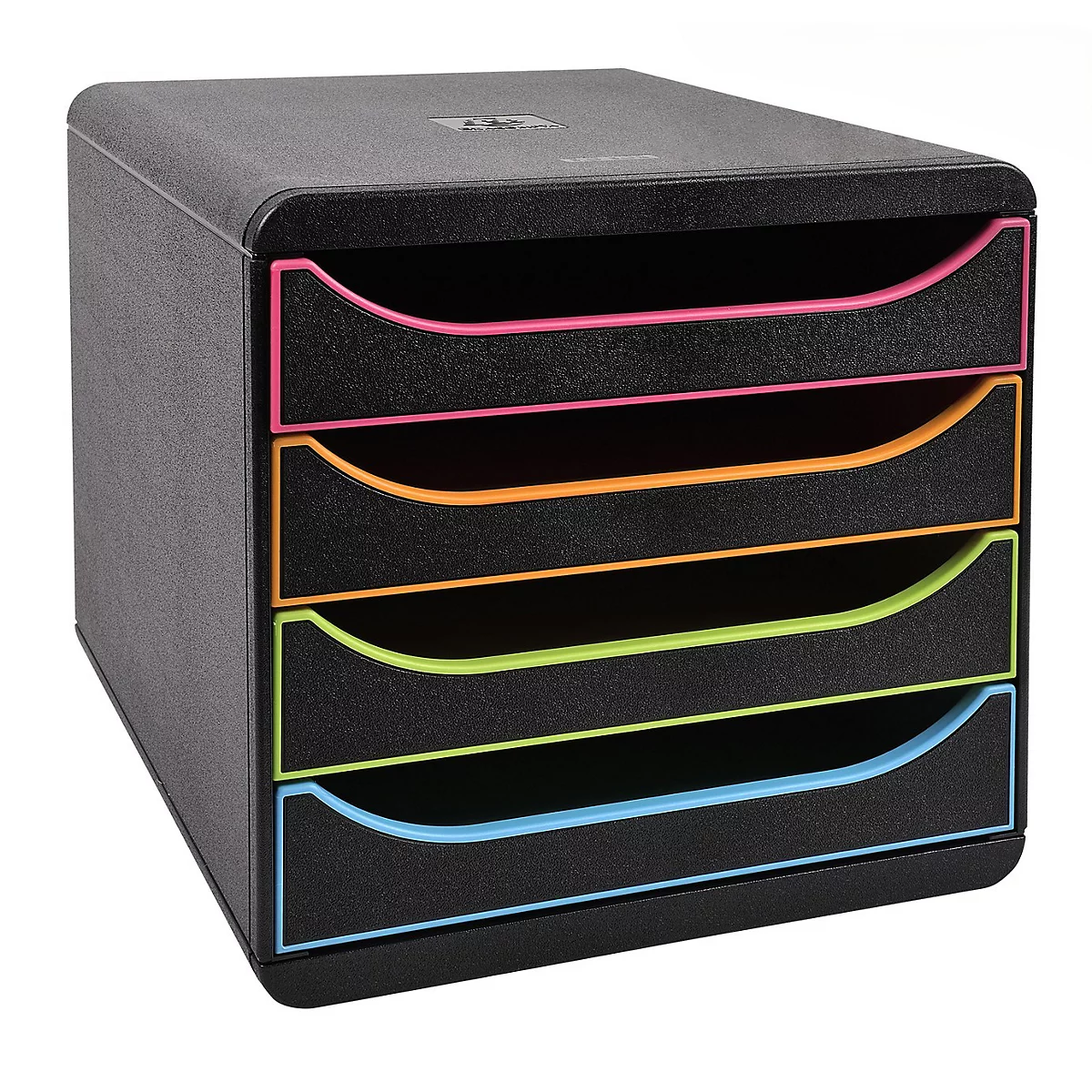 Schwarzer Dokumenten-Organizer mit bunten Schubladen (Pink, Orange, Grün, Blau).