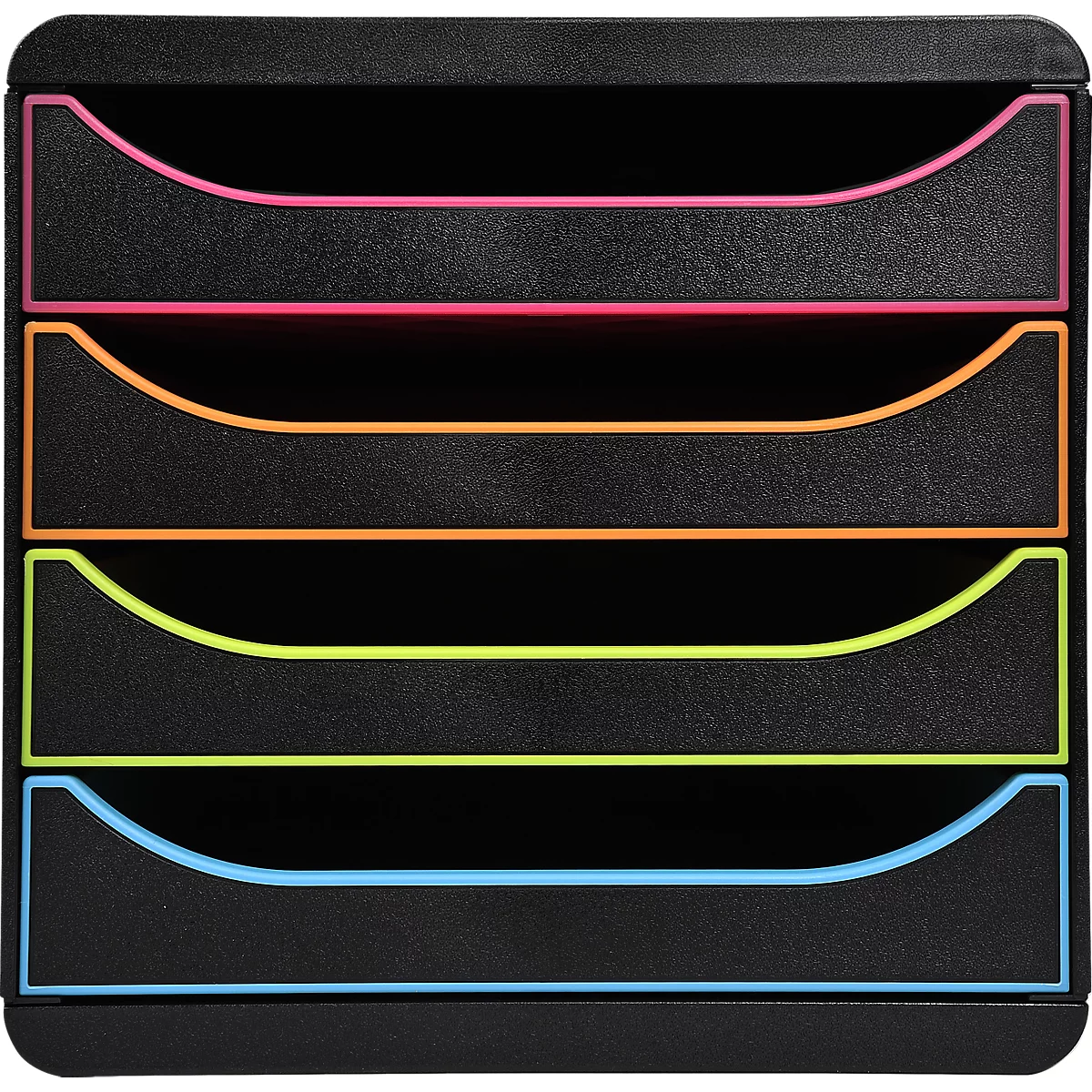 Schwarzer Dokumenten-Organizer mit farbigen Kanten in Pink, Orange, Gelb und Blau.