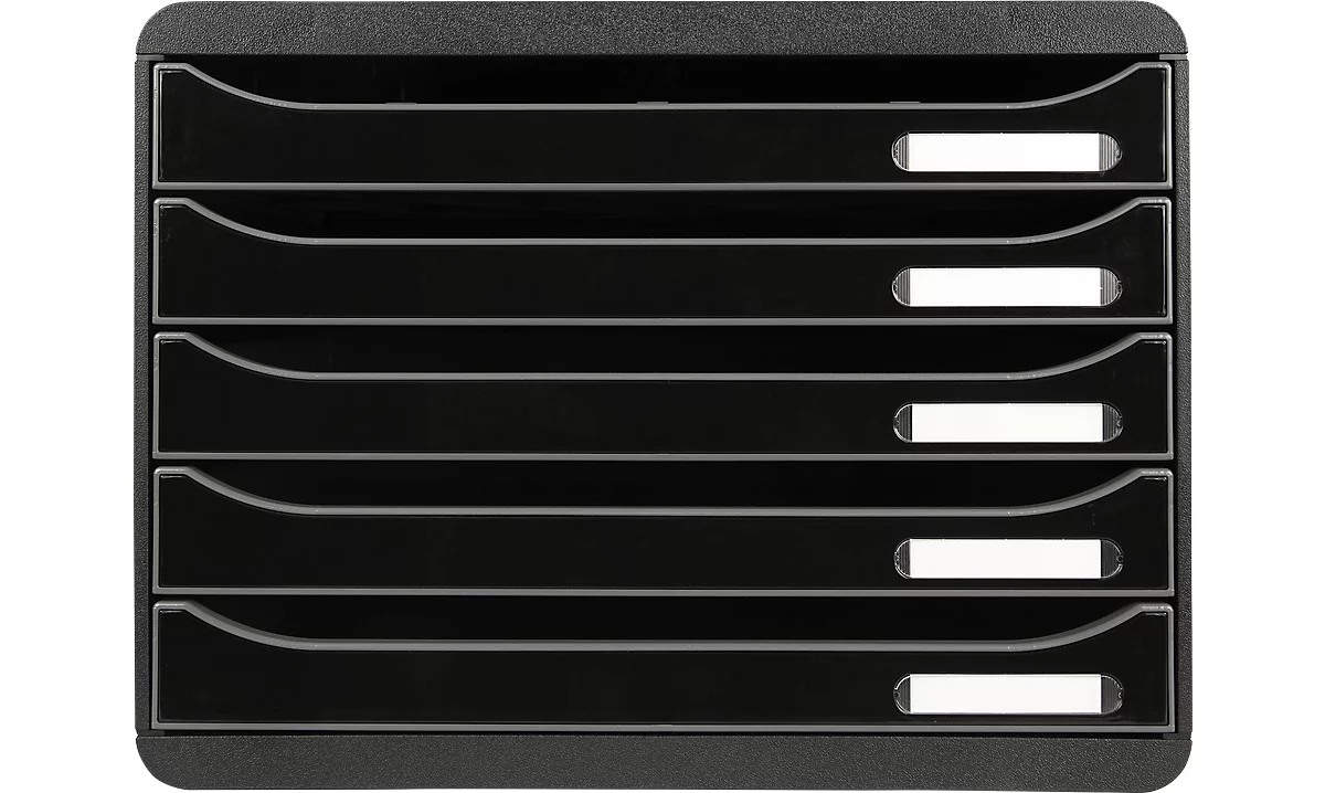 Schubladenbox BIG-BOX PLUS HORIZON QUER, A4+, 5 halboffene Schübe mit Auszugsstopp, Griffmulde & Etikettenhalter, Etiketten, Blauer Engel, schwarz