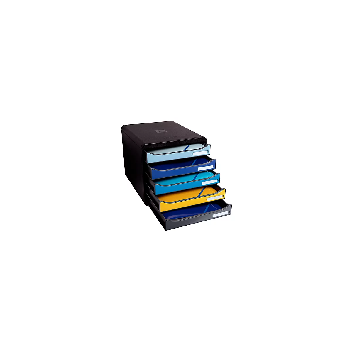 Schubladenbox Exacompta BEE BLUE Big Box, A4+, 5 mehrfarbige & halboffene Schubladen mit Auszugstopp, Griffmulde & Etikettenhalter, Blauer Engel