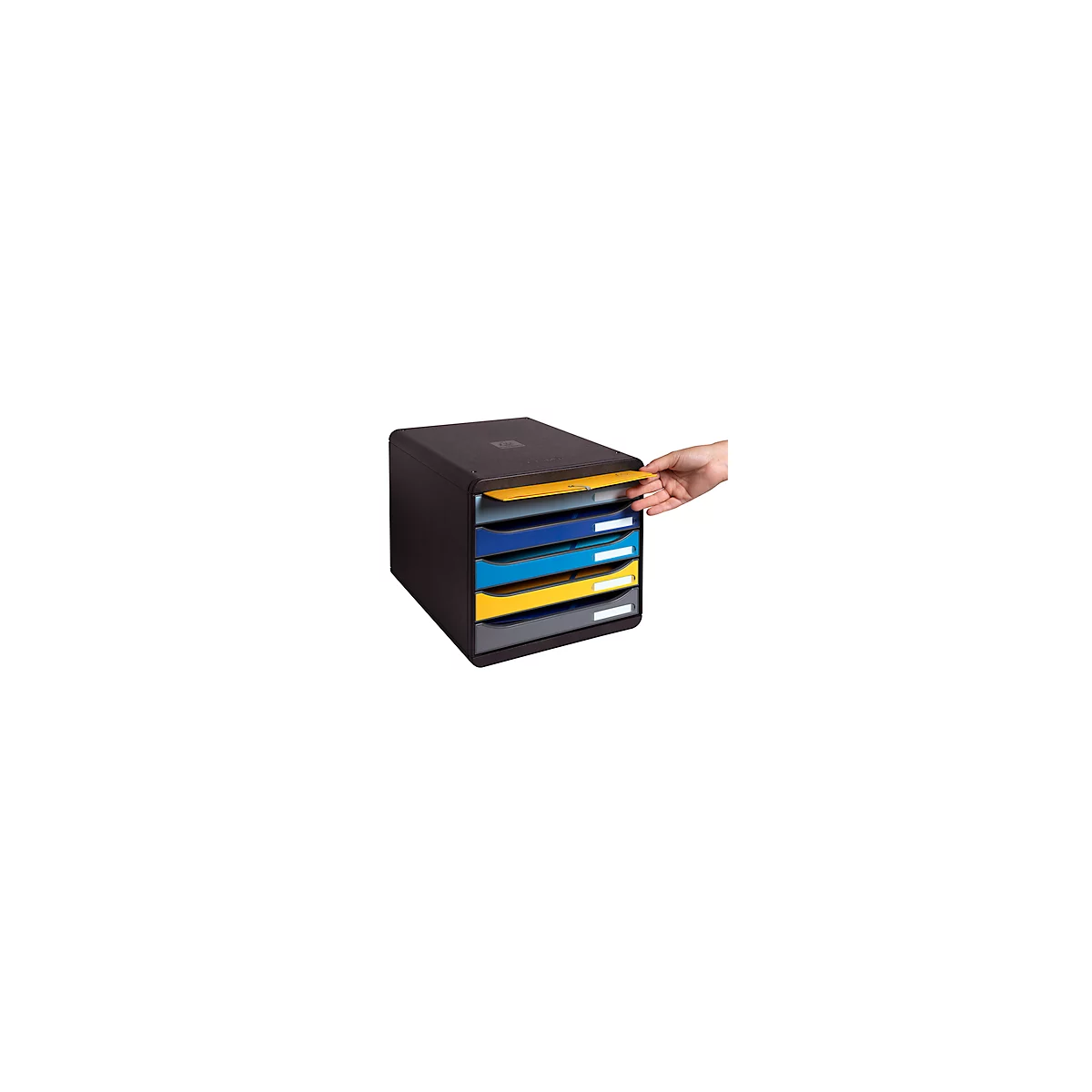 Schubladenbox Exacompta BEE BLUE Big Box, A4+, 5 mehrfarbige & halboffene Schubladen mit Auszugstopp, Griffmulde & Etikettenhalter, Blauer Engel