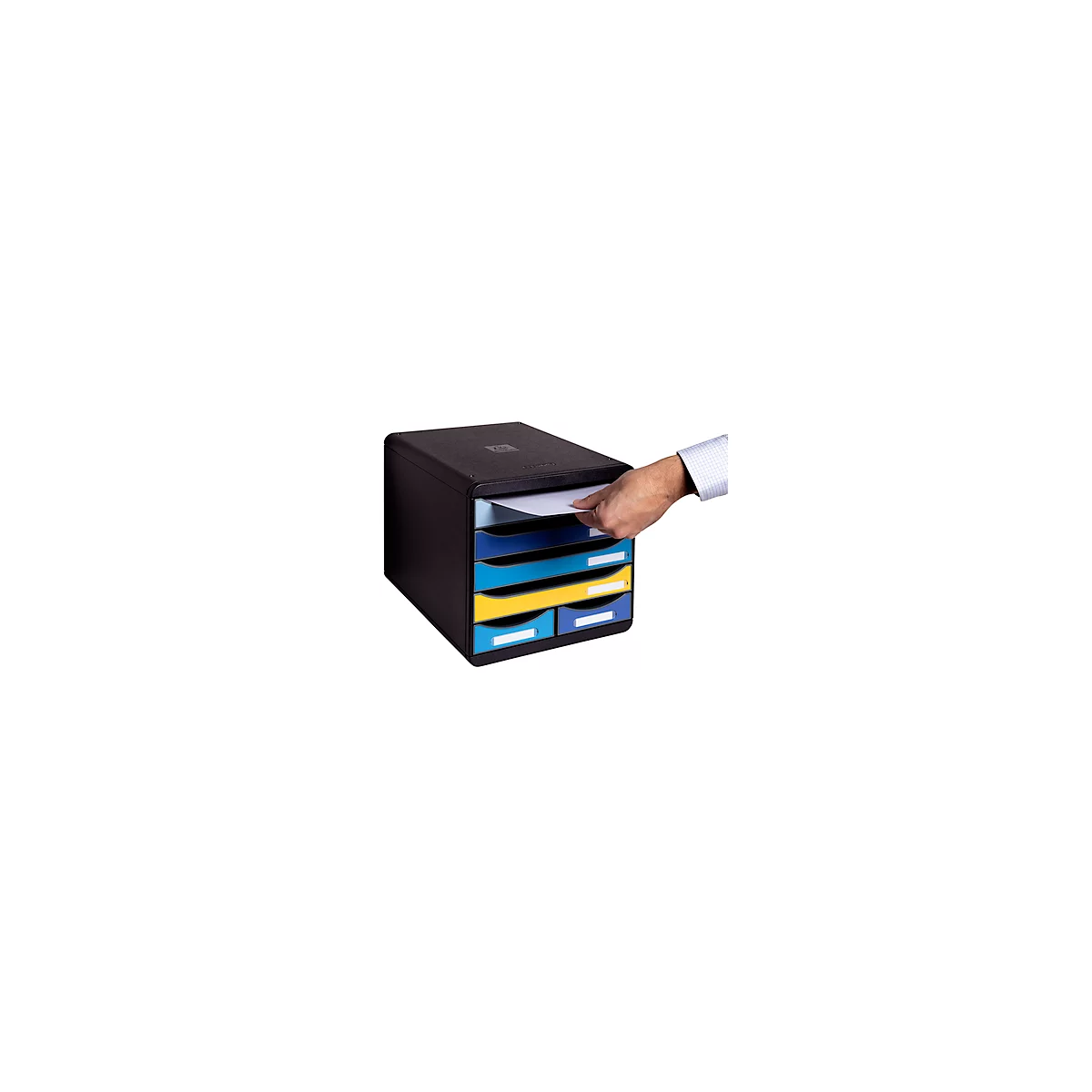 Schubladenbox Exacompta BEE BLUE Big Box Maxi, 4 Schübe für Format A4/A4+ & 2 längliche Schübe, Auszugstopp & Griffmulde, Recycling-Kunststoff, schwarz