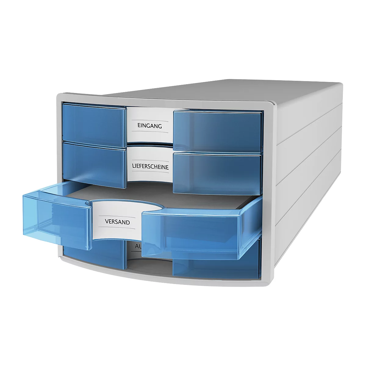 Schubladenbox HAN Impuls 2.0, 4 Schubladen, Format A4, stapelbar, geschlossen, grau/transparent-blau