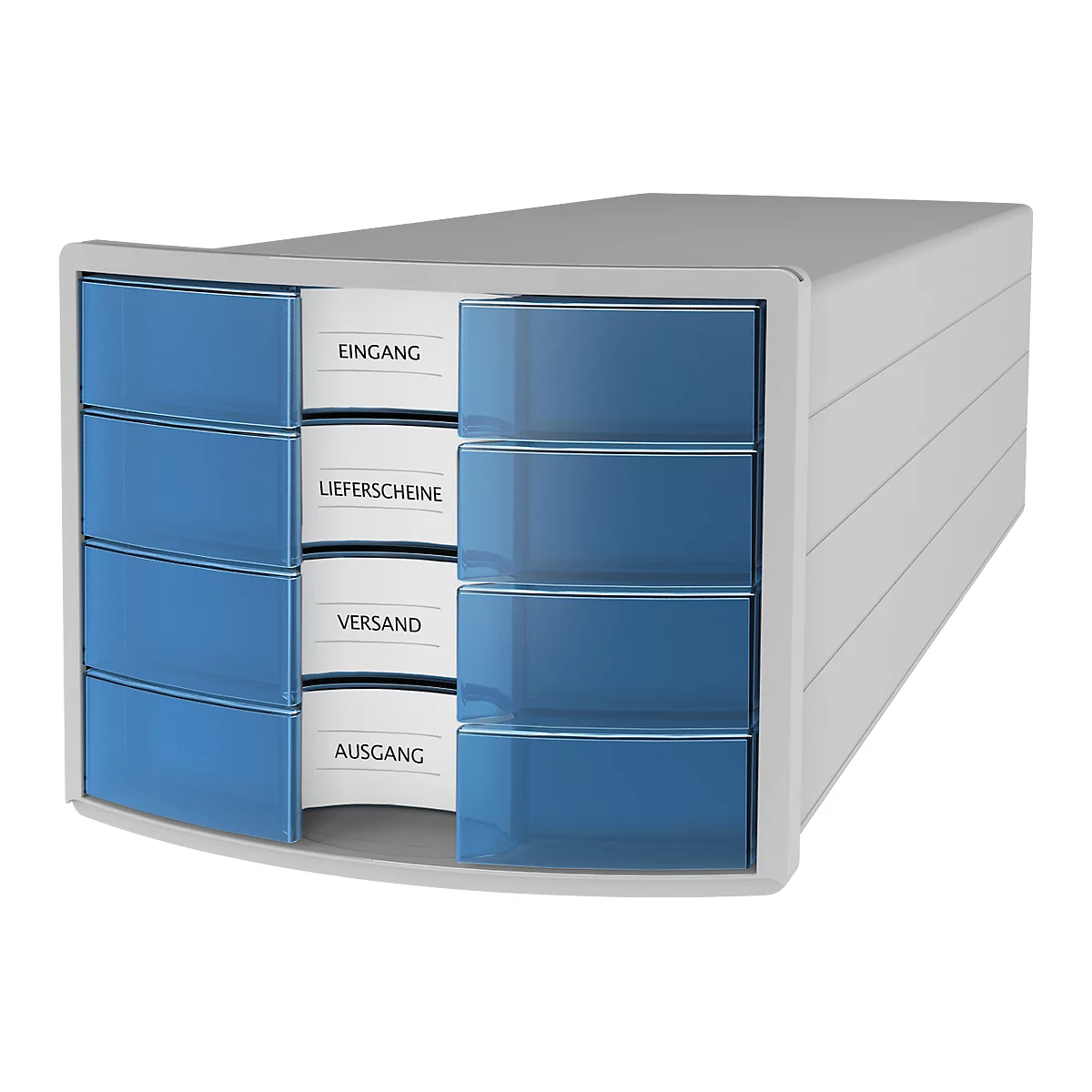 Schubladenbox HAN Impuls 2.0, 4 Schubladen, Format A4, stapelbar, geschlossen, grau/transparent-blau