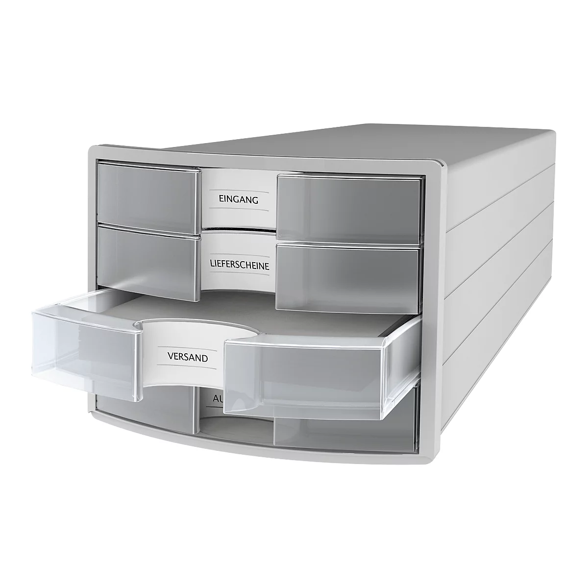 Schubladenbox HAN Impuls 2.0, 4 Schubladen, Format A4, stapelbar, geschlossen, grau/transparent-klar
