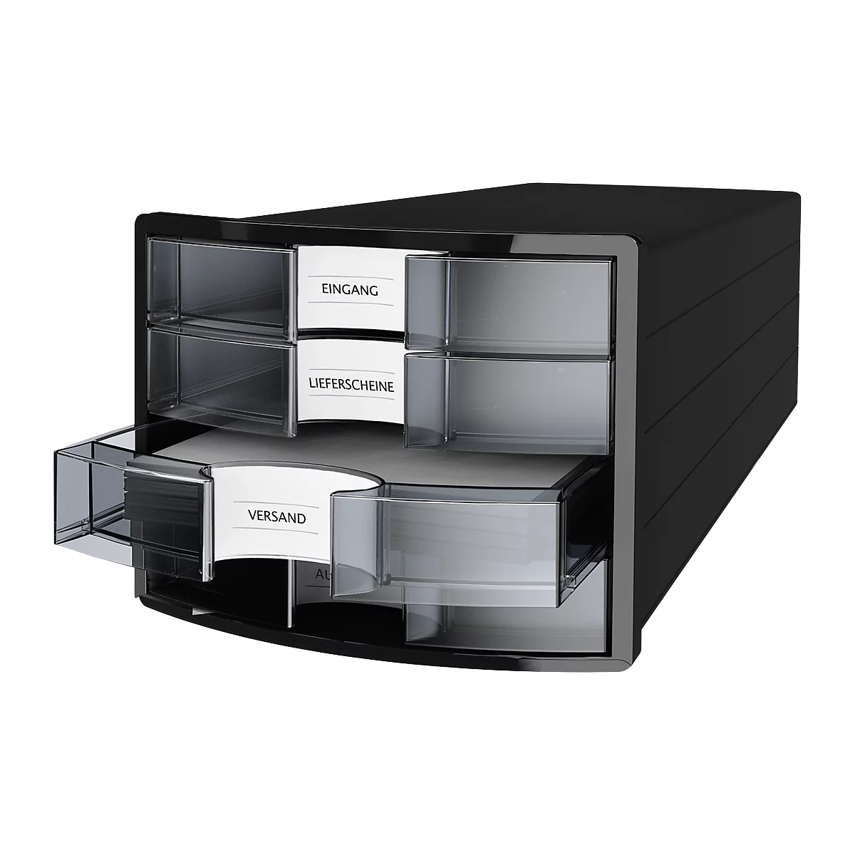 Schubladenbox HAN Impuls 2.0, 4 Schubladen, Format A4, stapelbar, geschlossen, schwarz/transparent-klar