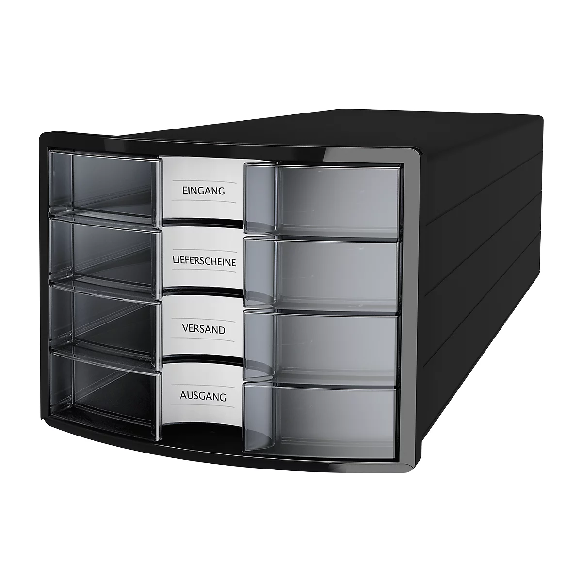 Schubladenbox HAN Impuls 2.0, 4 Schubladen, Format A4, stapelbar, geschlossen, schwarz/transparent-klar