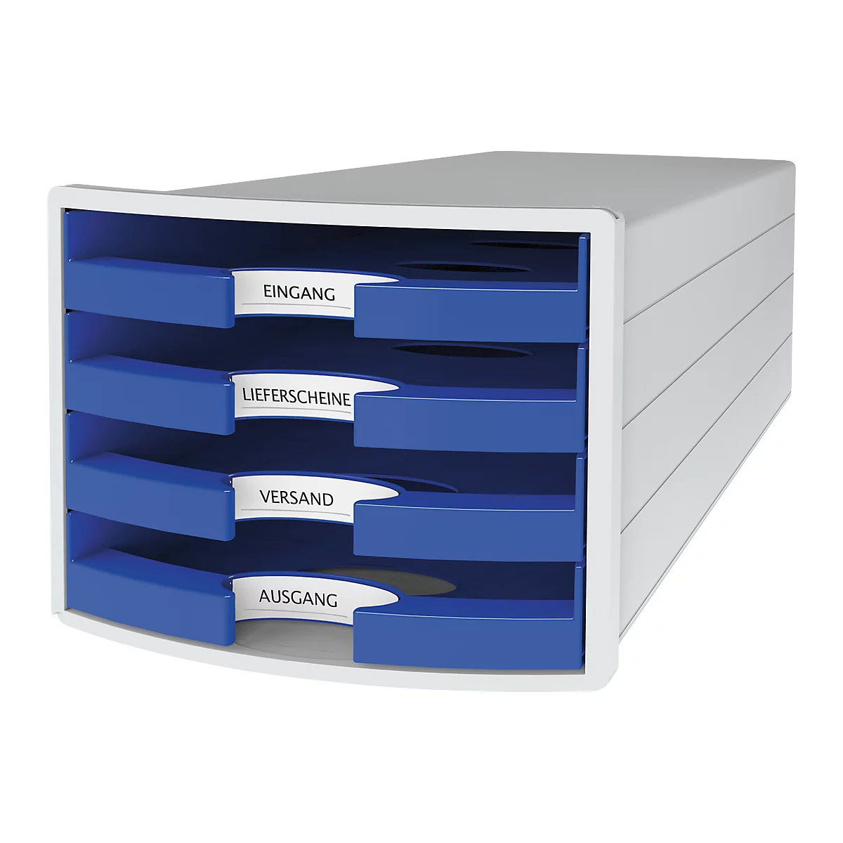 Schubladenbox HAN Impuls 2.0, 4 Schubladen, Format A4, stapelbar, offen, grau/blau