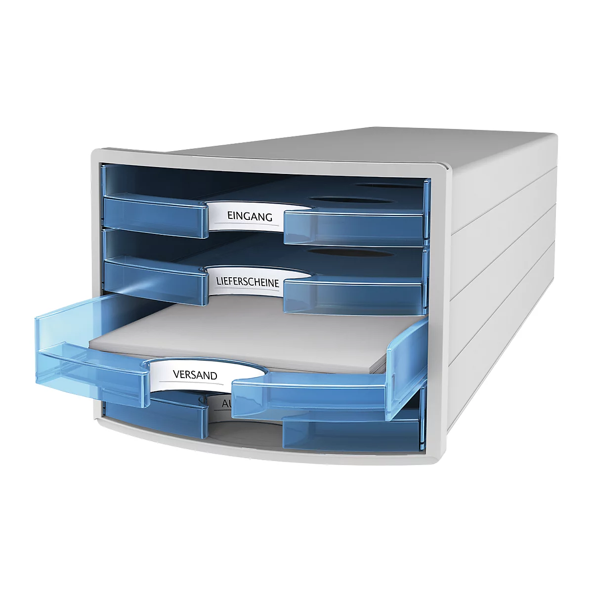 Schubladenbox HAN Impuls 2.0, 4 Schubladen, Format A4, stapelbar, offen, grau/transparent-blau