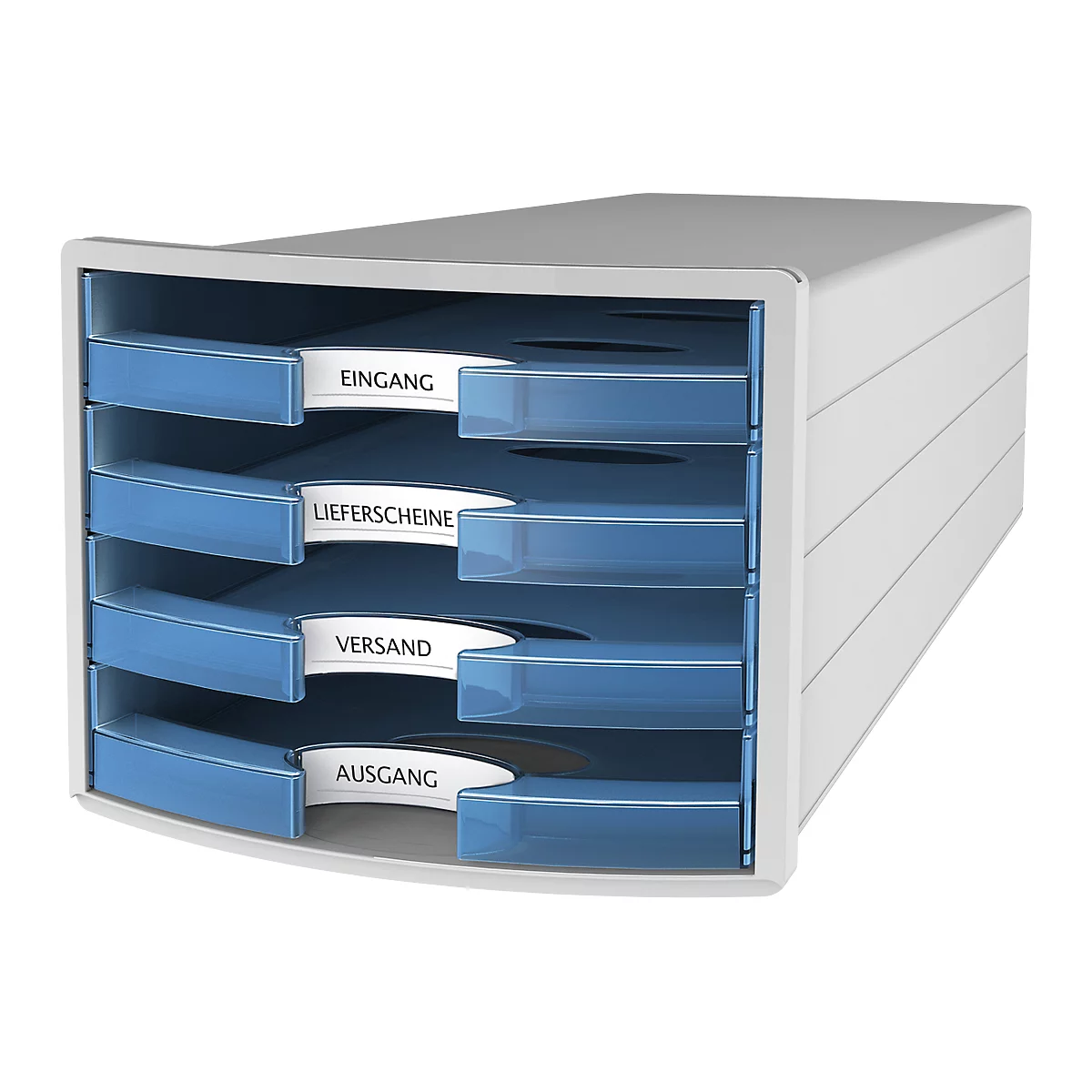 Schubladenbox HAN Impuls 2.0, 4 Schubladen, Format A4, stapelbar, offen, grau/transparent-blau