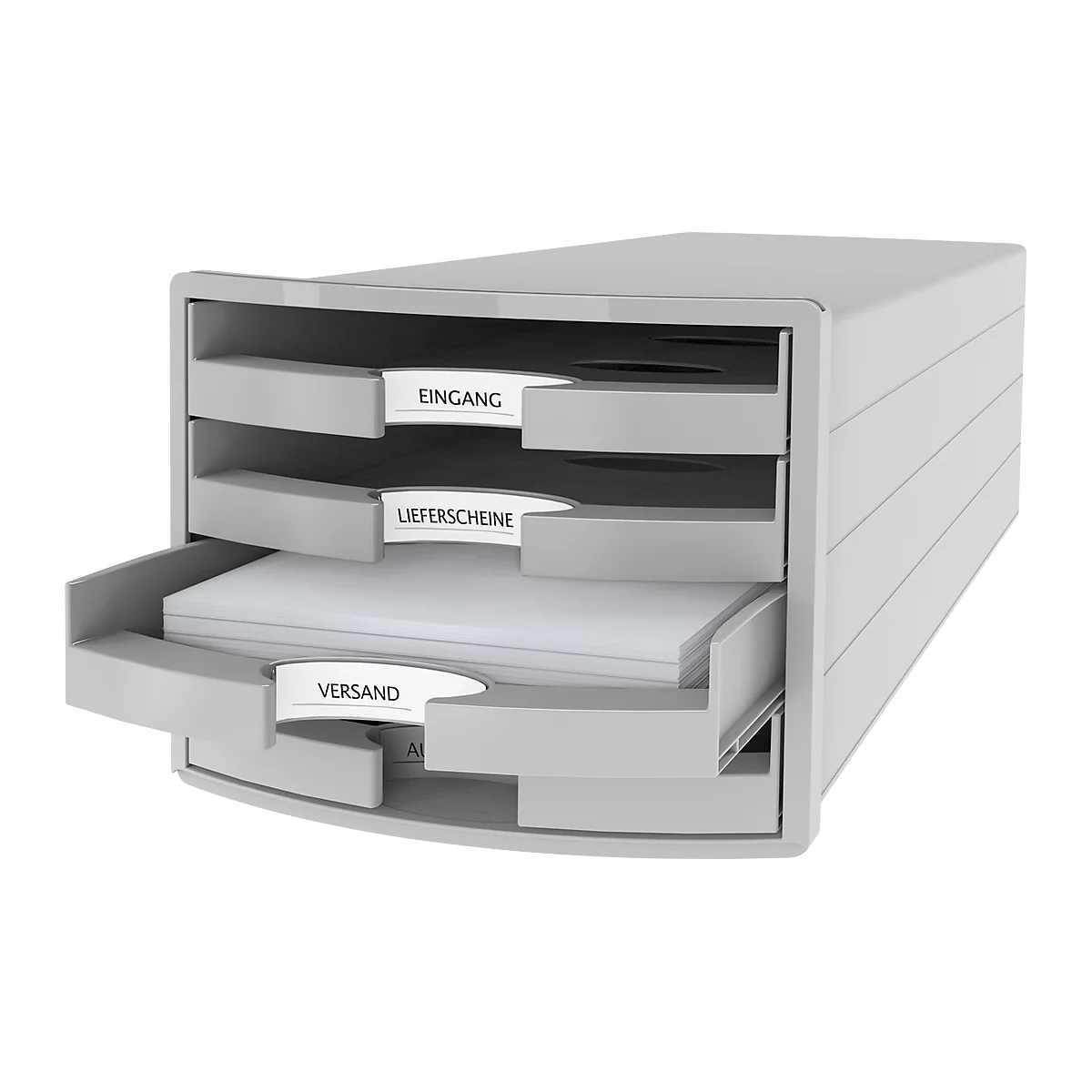 Schubladenbox HAN Impuls 2.0, 4 Schubladen, Format A4, stapelbar, offen, lichtgrau