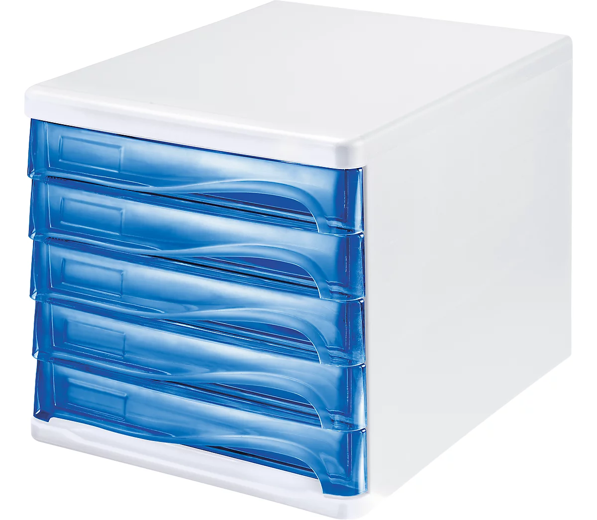 Schubladenbox helit, 5 Schübe, DIN A4, B 265 x H 250 x T 340 mm, Polypropylen, Gehäuse weiß/Schublade blau transparent