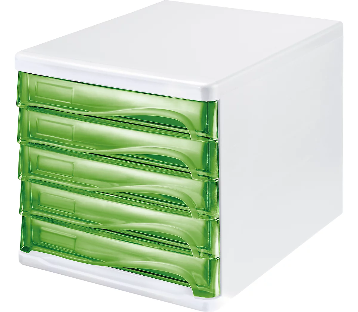 Schubladenbox helit, 5 Schübe, DIN A4, B 265 x H 250 x T 340 mm, Polypropylen, Gehäuse weiß/Schublade grün transparent