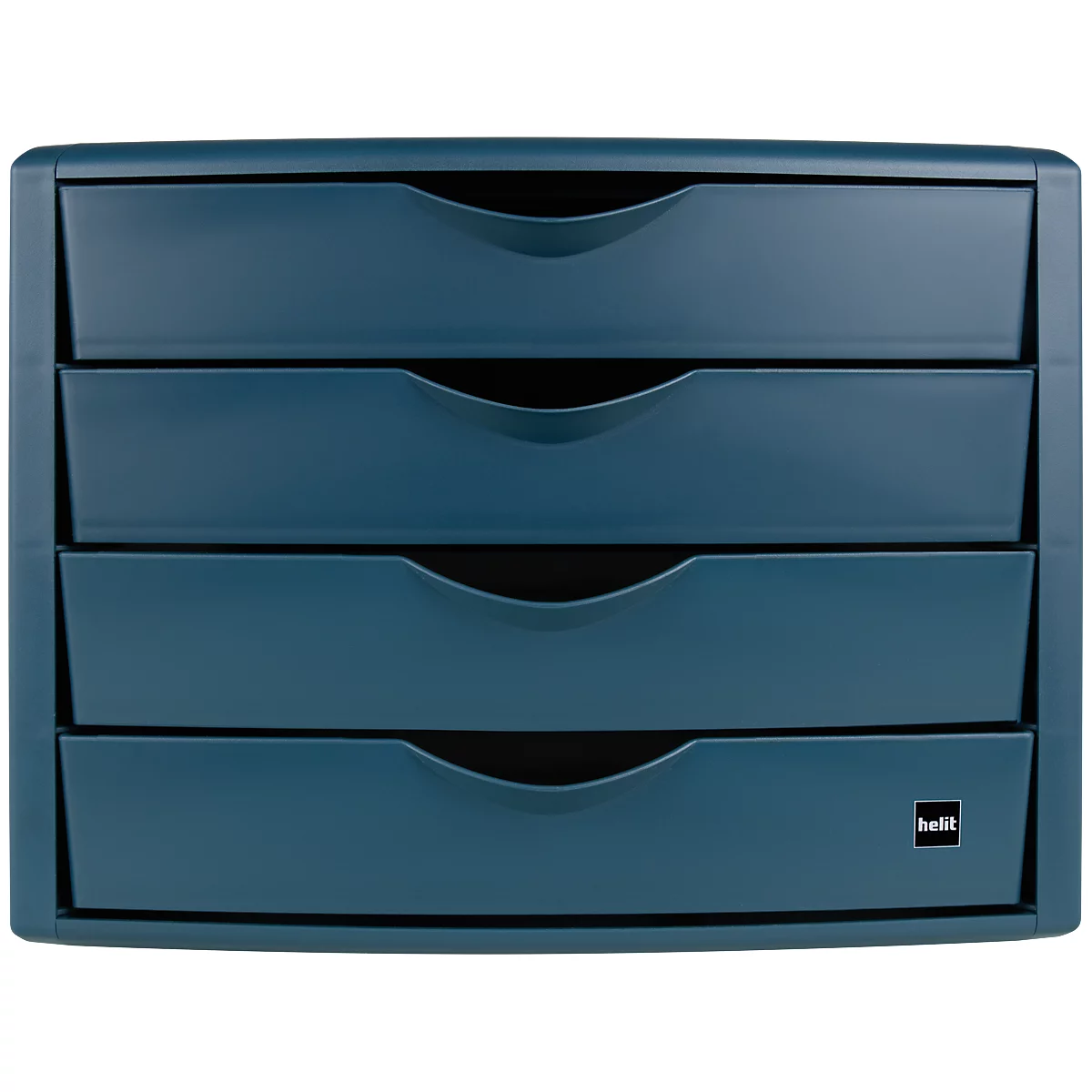 Blaue Schubladenbox mit vier Schubladen, helit Logo unten rechts.