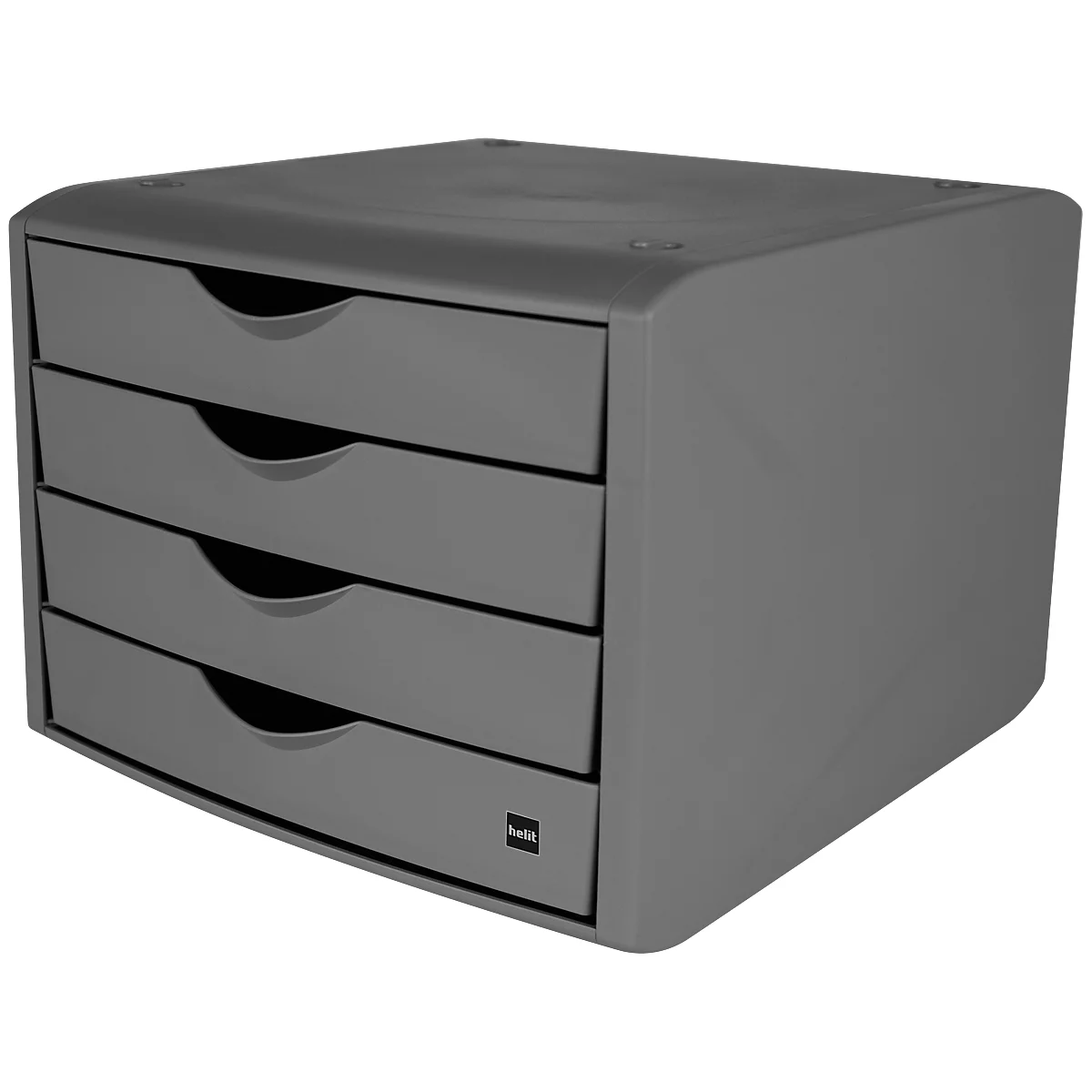 Grauer Büro-Schubladen-Organizer mit vier Schubladen.