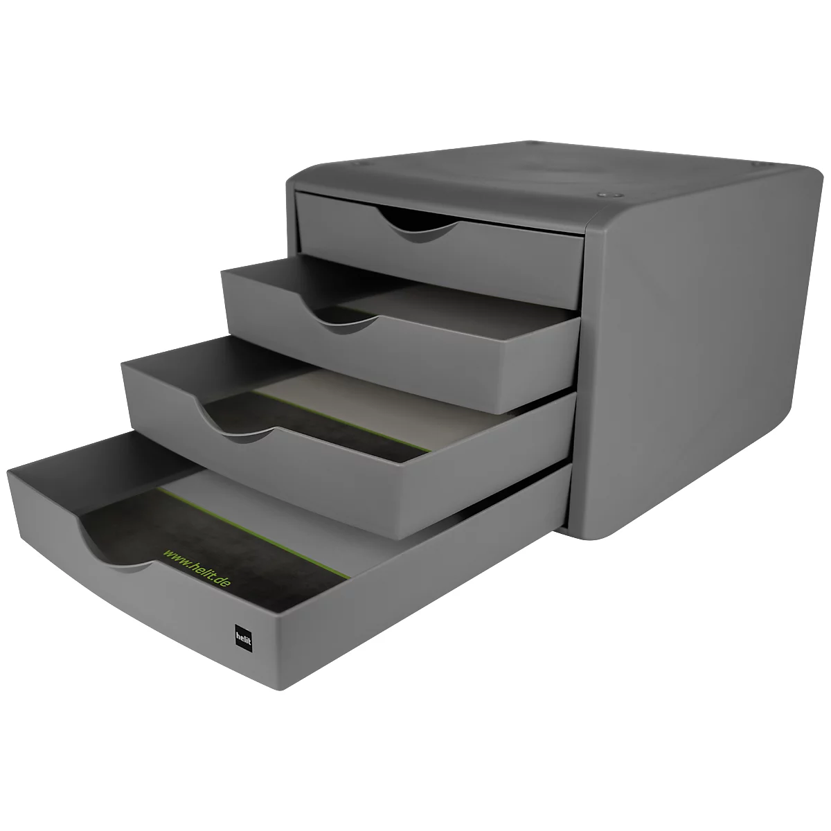 Schubladenbox Helit The Green Chameleon, 4 Schübe mit Auszugssperre, Format A4, stapelbar, lichtgrau