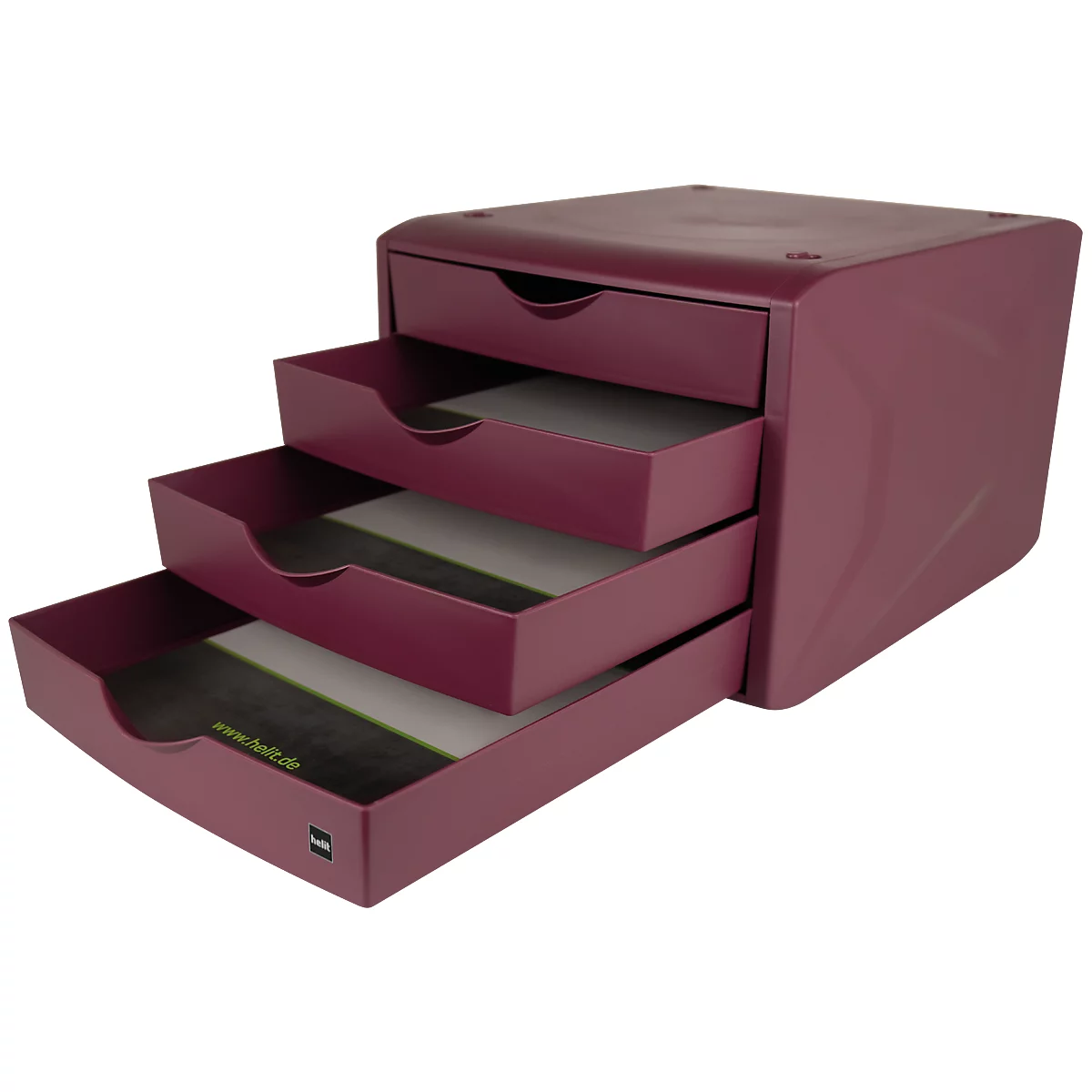 Schubladenbox Helit The Green Chameleon, 4 Schübe mit Auszugssperre, Format A4, stapelbar, rot