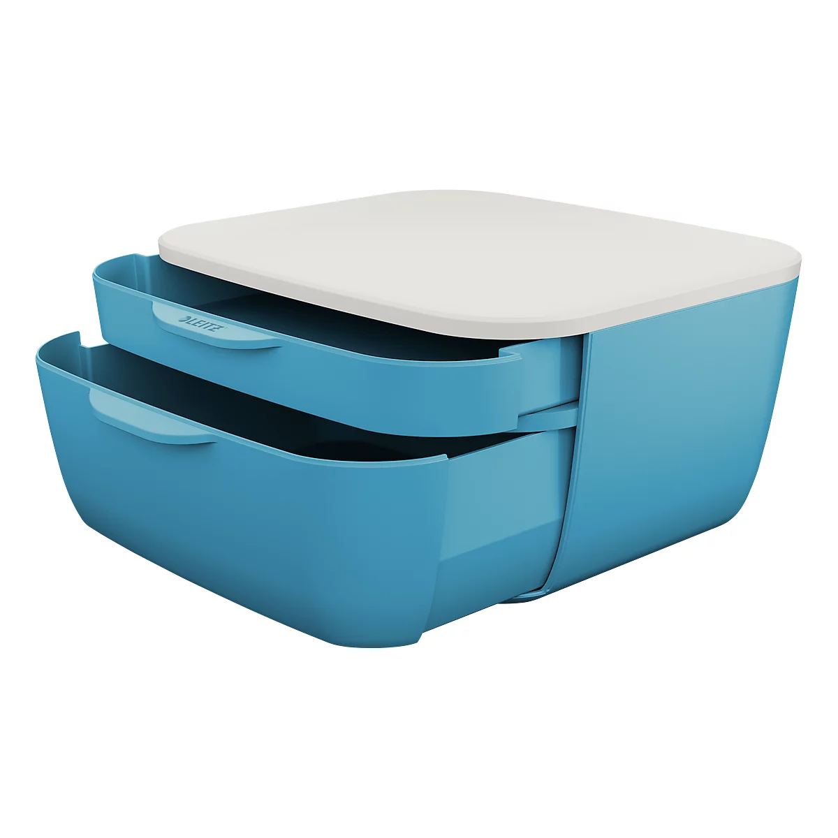 Blaue Brotbox mit weißem Deckel, zwei separaten Fächern und Griffen.