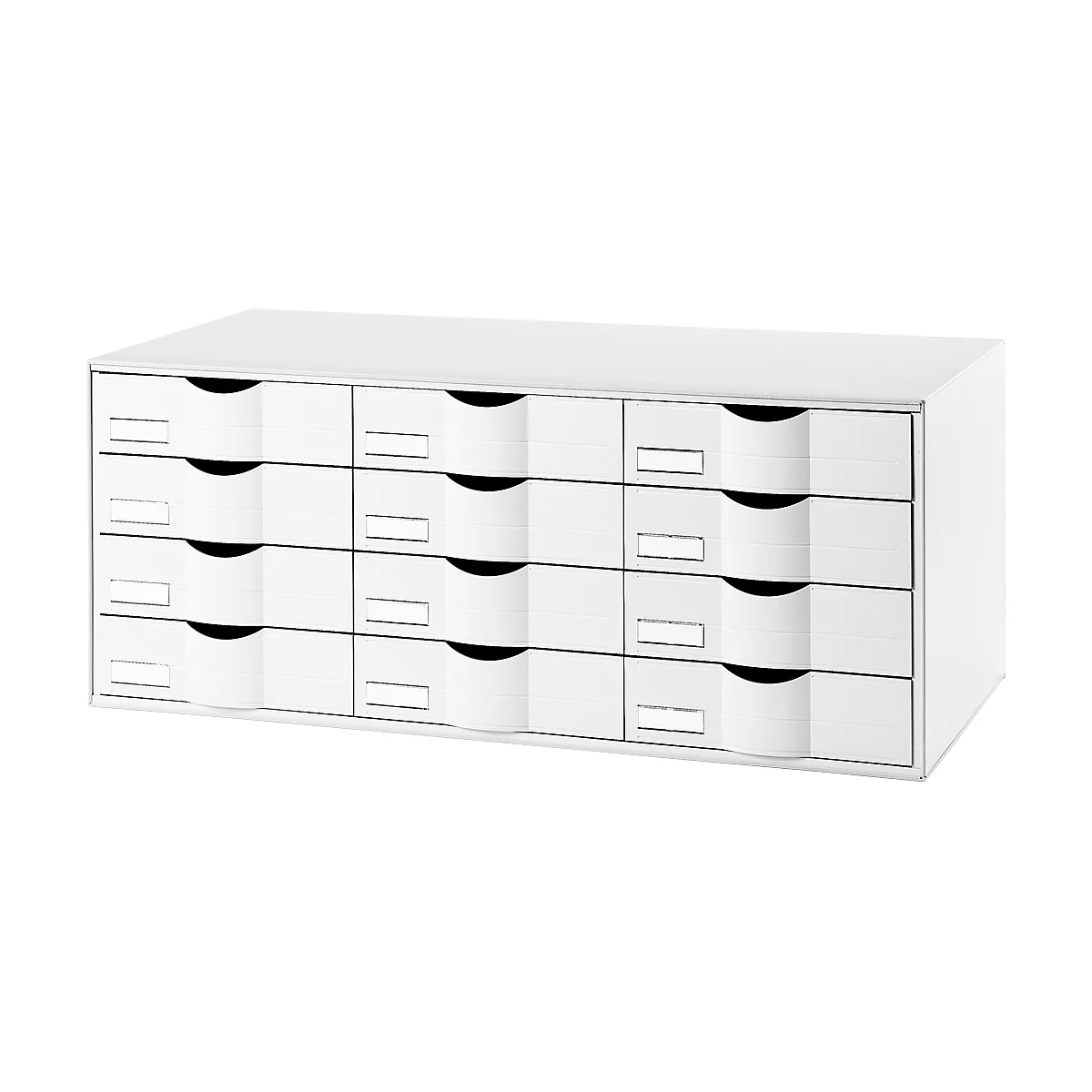 Schubladenbox Paperflow, Format A4, 12 Schübe mit geschlossener Front, Griffmulde & Etikettenhalter, Etiketten, B 857 x T 342 x H 350 mm, PS, weiß