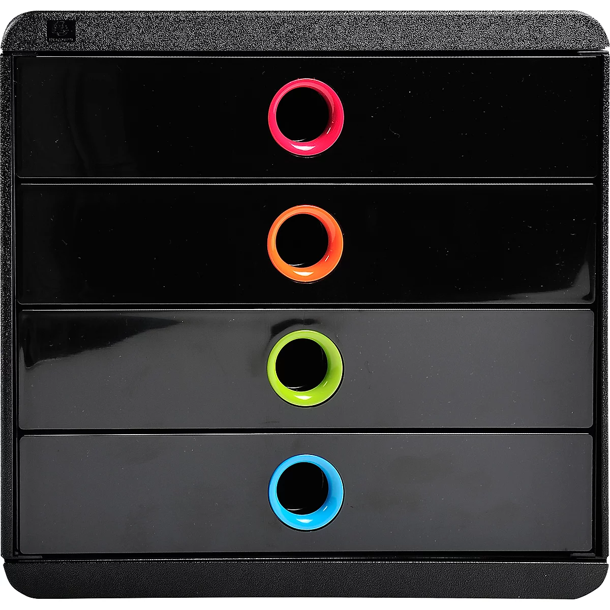 Schwarzer Schubladenschrank mit farbigen Griffen: pink, orange, grün, blau.