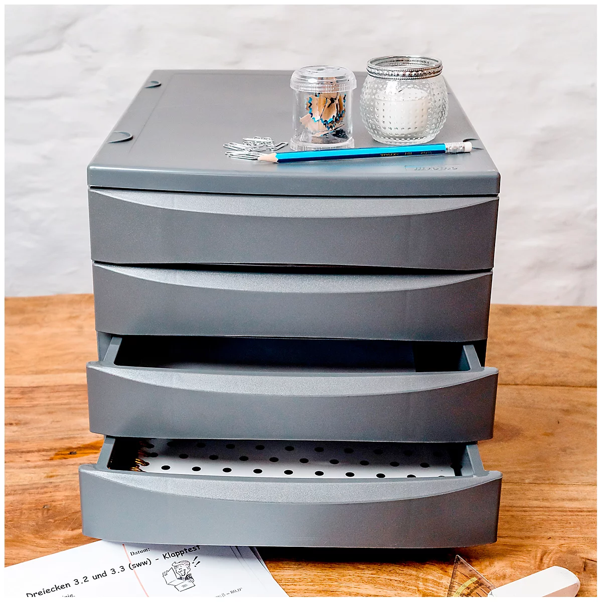 Schubladenbox Rotho QUADRA, 4 geschlossene Schübe im Format A4, Griffmulden, stapelbar, L 330 x B 285 x H 320 mm, Polystyrol, anthrazit
