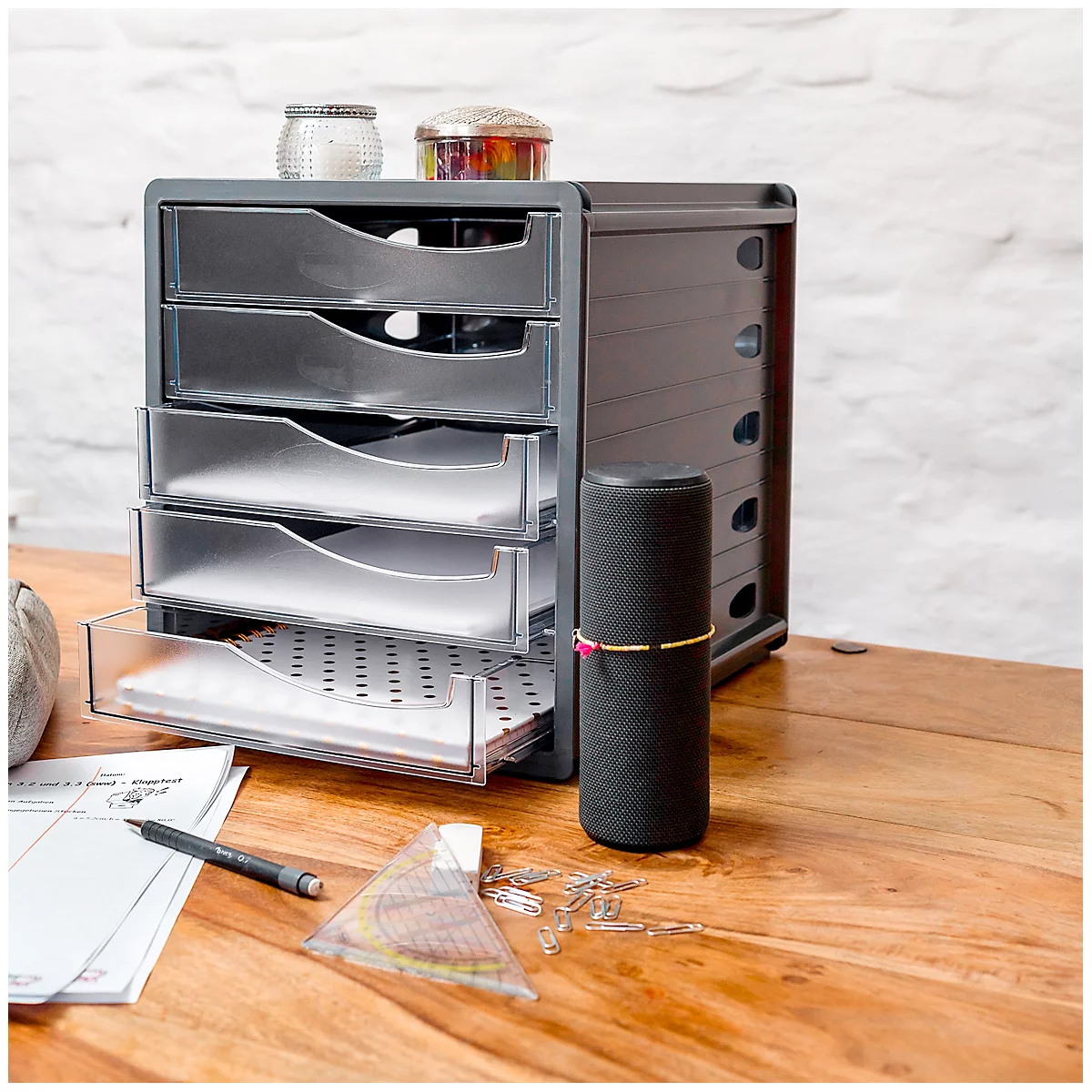 Schubladenbox Rotho SPACEMAKER, 5 geschlossene Schübe im Format A4, Griffmulden, stapelbar, L 330 x B 285 x H 320 mm, Polystyrol, schwarz-transparent