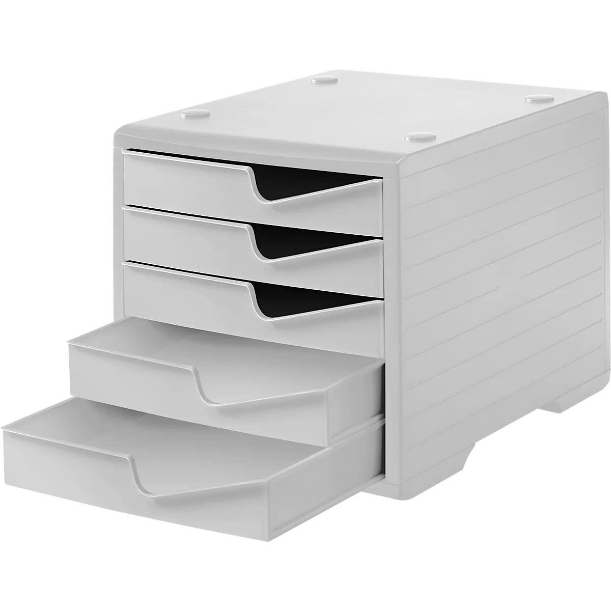 Schubladenbox styro® styroswing, 5 Schübe, Auszugsperre & Griffmulde, stapelbar, B 270 x T 340 x H 255 mm, Polystyrol, grau-grau