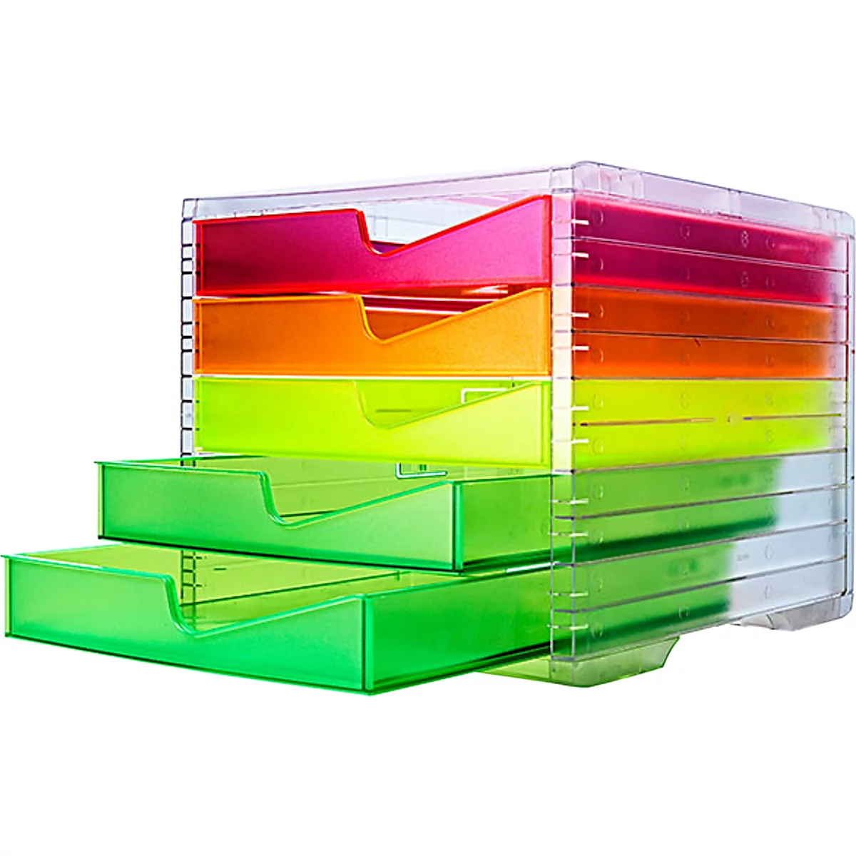 Schubladenbox styro® styroswing NEONline, 5 Schübe, Auszugsperre & Griffmulde, stapelbar, B 270 x T 340 x H 255 mm, Polystyrol, transparent-multicolor