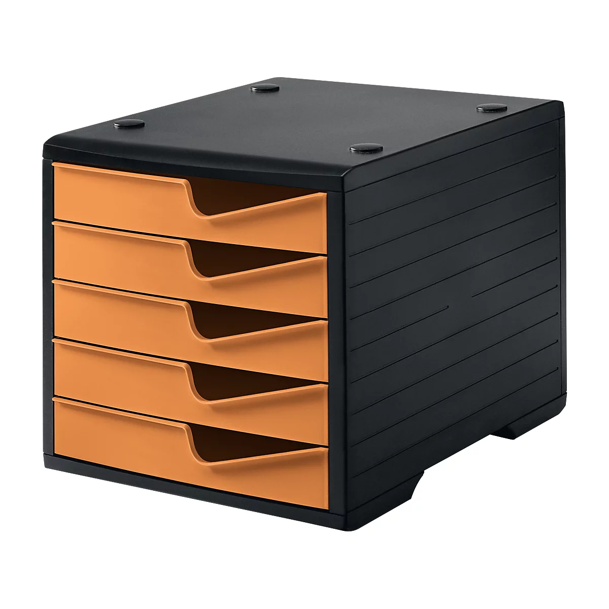 Schubladenbox styro® styroswingbox, 5 Schübe, Auszugsperre & Griffmulde, stapelbar, B 270 x T 340 x H 255 mm, Polystyrol, schwarz-apricot