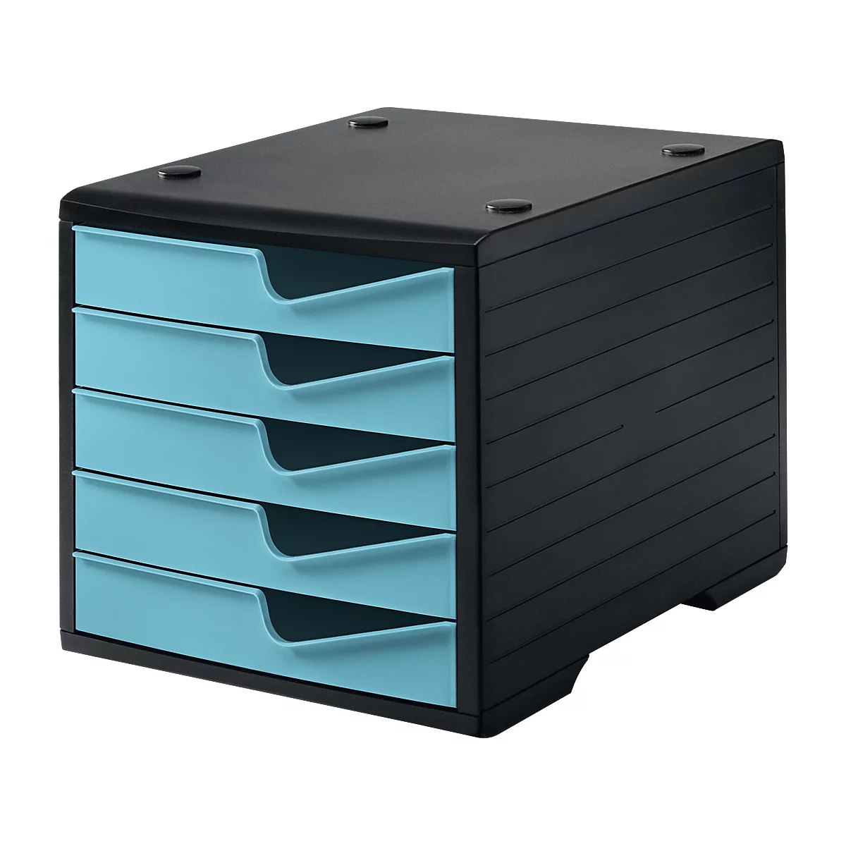 Schubladenbox styro® styroswingbox, 5 Schübe, Auszugsperre & Griffmulde, stapelbar, B 270 x T 340 x H 255 mm, Polystyrol, schwarz-aqua
