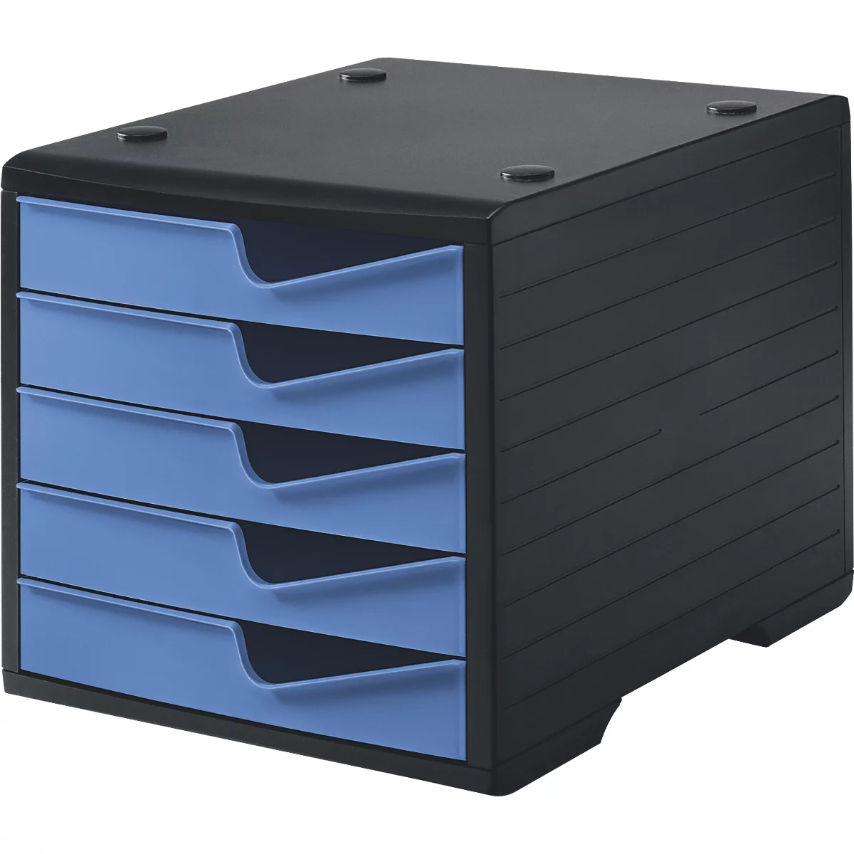 Schubladenbox styro® styroswingbox, 5 Schübe, Auszugsperre & Griffmulde, stapelbar, B 270 x T 340 x H 255 mm, Polystyrol, schwarz-cornflower