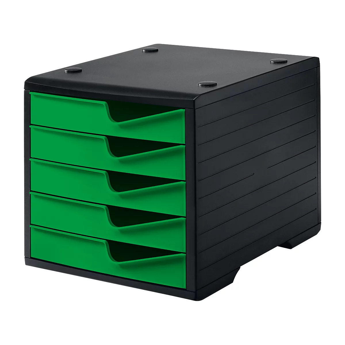 Schubladenbox styro® styroswingbox, 5 Schübe, Auszugsperre & Griffmulde, stapelbar, B 270 x T 340 x H 255 mm, Polystyrol, schwarz-gecko