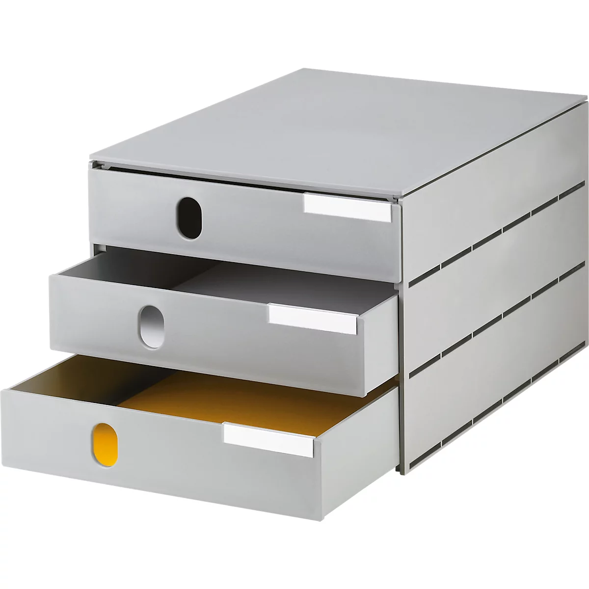Schubladenbox styro® Styroval, Format C4, 3 geschlossene Schübe, stapelbar, Beschriftungsmaterial, B 243 x T 335 x H 200 mm, Recycling-Kunststoff, grau