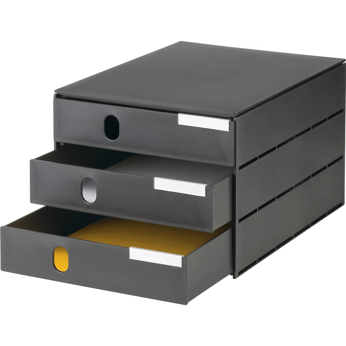 Schubladenbox styro® Styroval, Format C4, 3 geschlossene Schübe, stapelbar, Beschriftungsmaterial, B 243 x T 335 x H 200 mm, Recycling-Kunststoff, schwarz