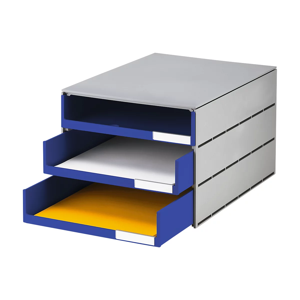 Schubladenbox Styro Styroval, für Formate bis C4, 3 offene Schübe, Recyclingmaterial, blau/grau