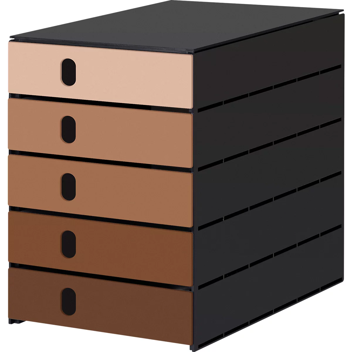 Ein Schrank mit fünf Schubladen in verschiedenen Brauntönen. Auf der rechten Seite des Schranks ist eine schwarze, geriffelte Seitenwand zu sehen.